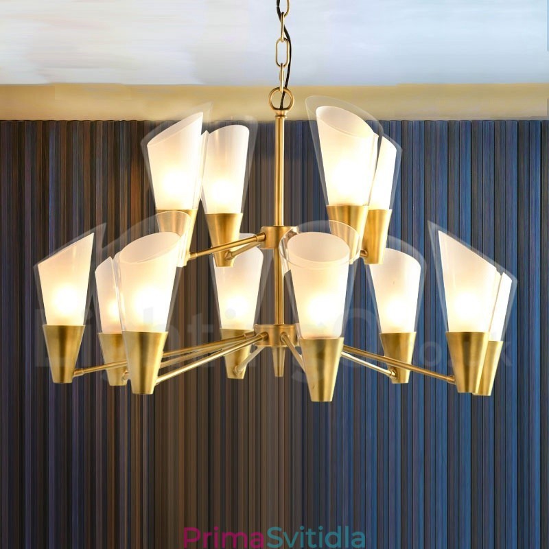 12 Light Retro Rustikální luxusní mosazný závěsný lustr se skleněným stínidlem