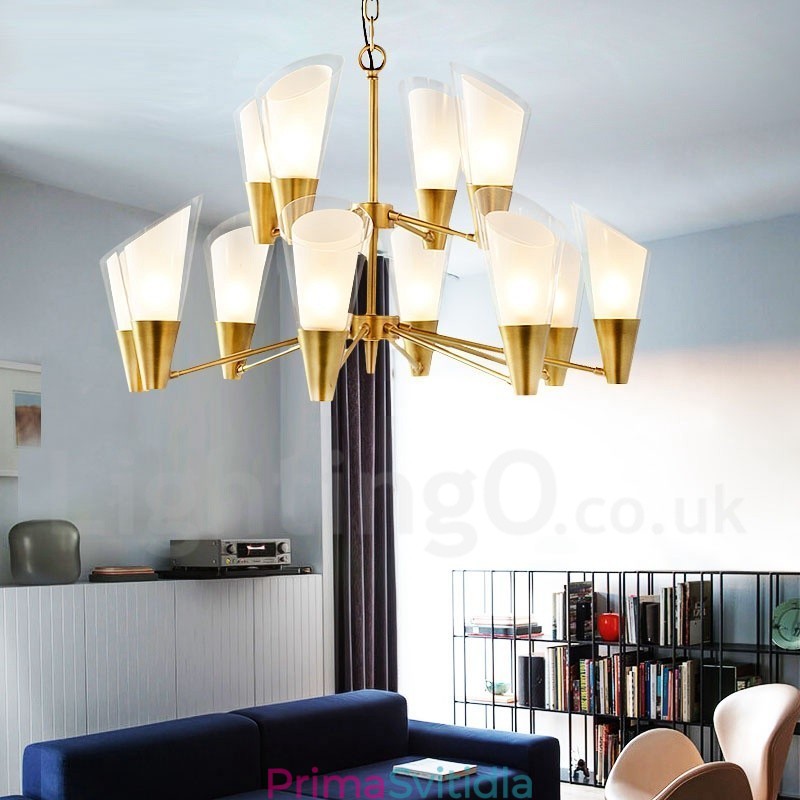 12 Light Retro Rustikální luxusní mosazný závěsný lustr se skleněným stínidlem
