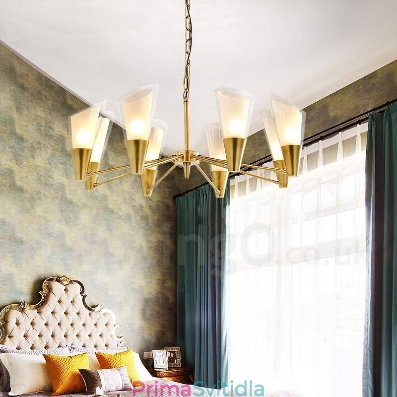 8 Light Retro Rustikální luxusní mosazný závěsný lustr se skleněným stínidlem