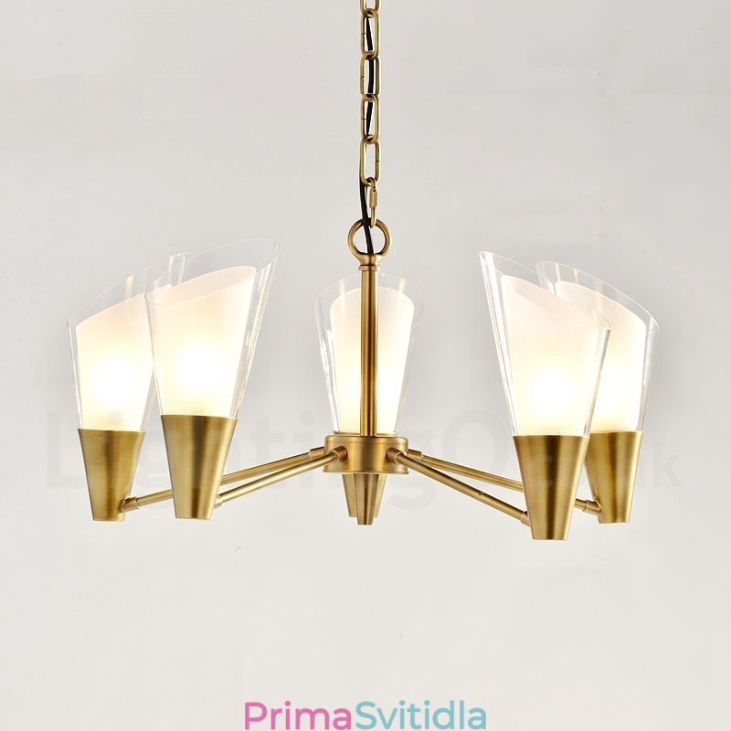 5 Light Retro Rustikální luxusní mosazný závěsný lustr se skleněným stínidlem