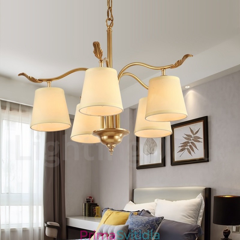 5 Light Retro Rustikální luxusní mosazný závěsný lustr s látkovým stínidlem