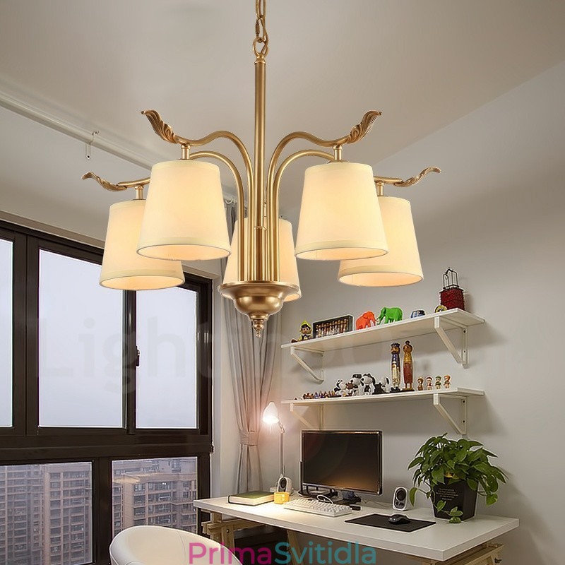 5 Light Retro Rustikální luxusní mosazný závěsný lustr s látkovým stínidlem