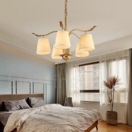 5 Light Retro Rustikální luxusní mosazný závěsný lustr s látkovým stínidlem