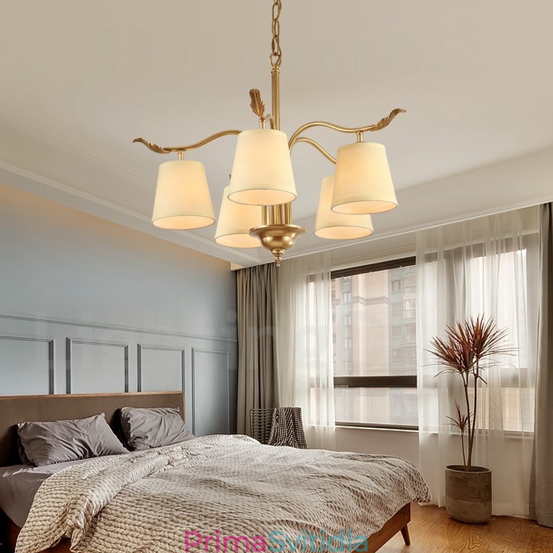 5 Light Retro Rustikální luxusní mosazný závěsný lustr s látkovým stínidlem