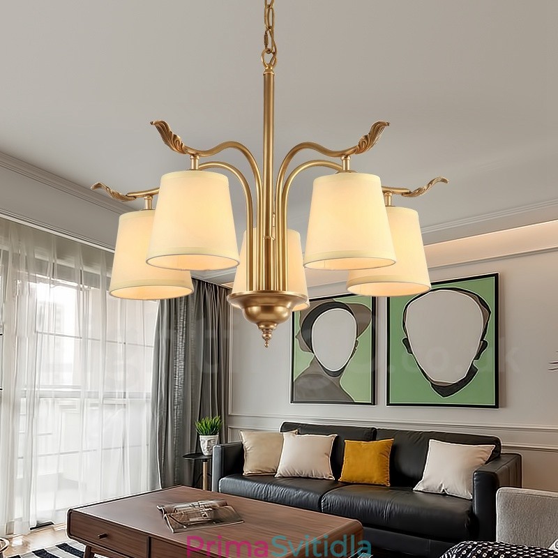 5 Light Retro Rustikální luxusní mosazný závěsný lustr s látkovým stínidlem