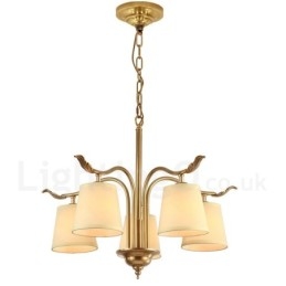5 Light Retro Rustikální luxusní mosazný závěsný lustr s látkovým stínidlem