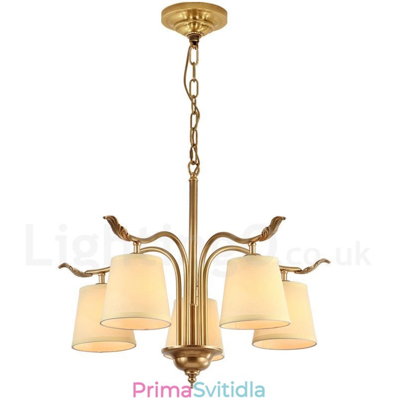 5 Light Retro Rustikální luxusní mosazný závěsný lustr s látkovým stínidlem