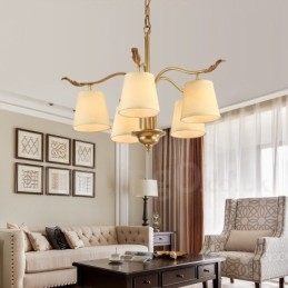 5 Light Retro Rustikální luxusní mosazný závěsný lustr s látkovým stínidlem