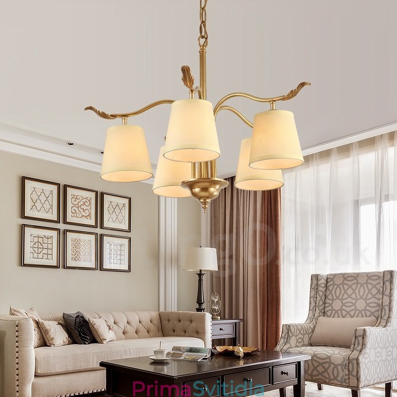 5 Light Retro Rustikální luxusní mosazný závěsný lustr s látkovým stínidlem