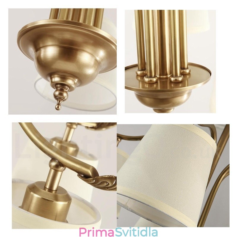 5 Light Retro Rustikální luxusní mosazný závěsný lustr s látkovým stínidlem