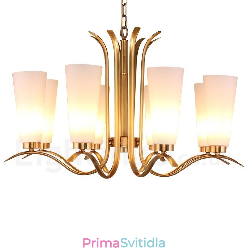 8 Light Retro Rustikální luxusní mosazný závěsný lustr se skleněným stínidlem