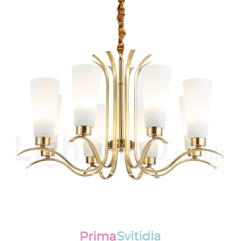 8 Light Retro Rustikální luxusní mosazný závěsný lustr se skleněným stínidlem