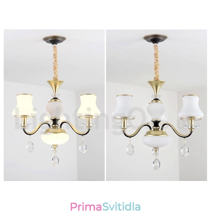3 lehké retro rustikální luxusní křišťálový závěsný lustr se skleněným stínidlem