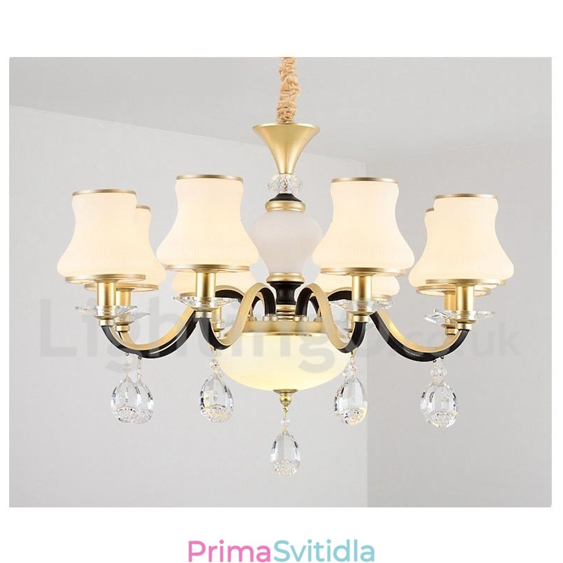 6 Light Retro Rustikální luxusní křišťálový závěsný lustr se skleněným stínidlem