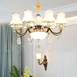 8 Light Retro Rustikální luxusní křišťálový závěsný lustr se skleněným stínidlem