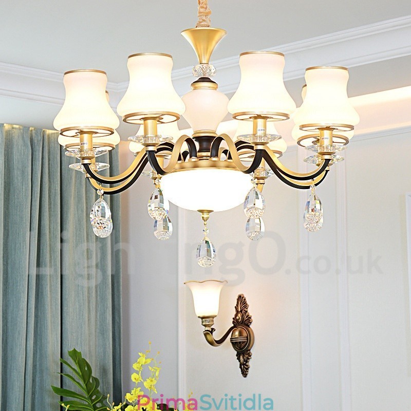 8 Light Retro Rustikální luxusní křišťálový závěsný lustr se skleněným stínidlem
