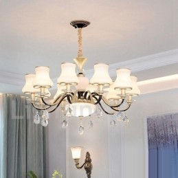 Retro rustikální luxusní křišťálový závěsný lustr se skleněným stínidlem