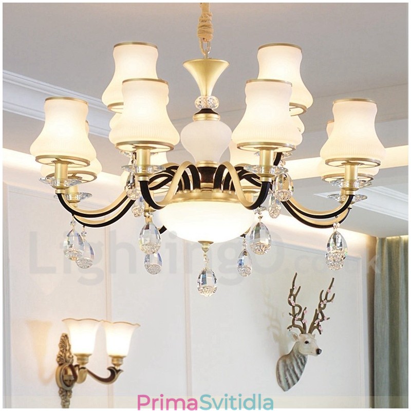 12 Light Retro Rustikální luxusní křišťálový závěsný lustr se skleněným stínidlem