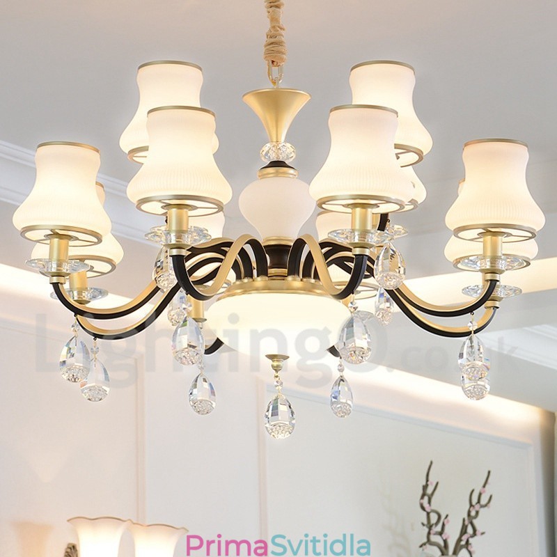 12 Light Retro Rustikální luxusní křišťálový závěsný lustr se skleněným stínidlem
