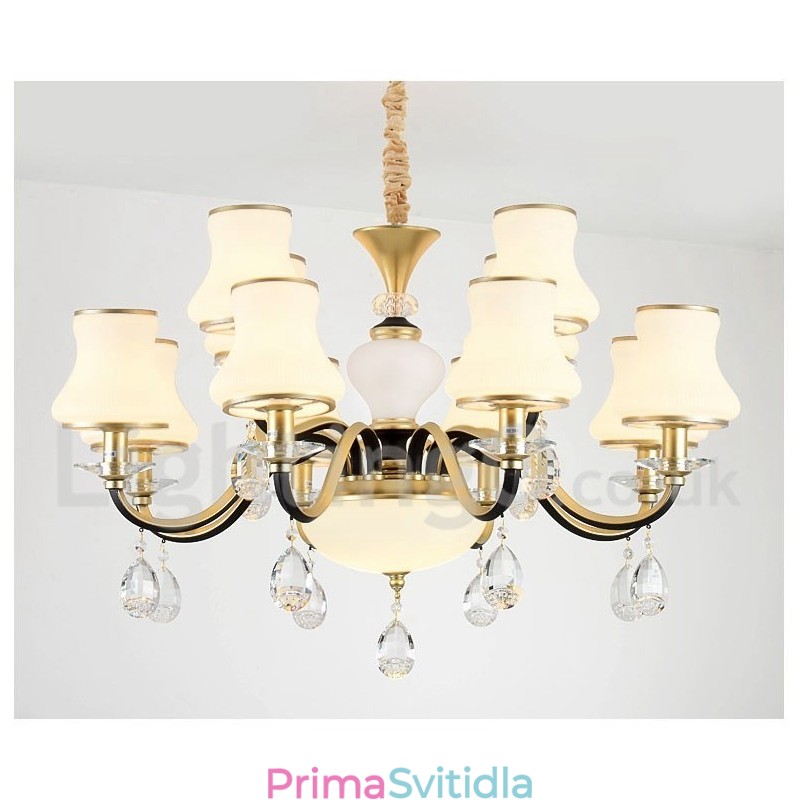 12 Light Retro Rustikální luxusní křišťálový závěsný lustr se skleněným stínidlem