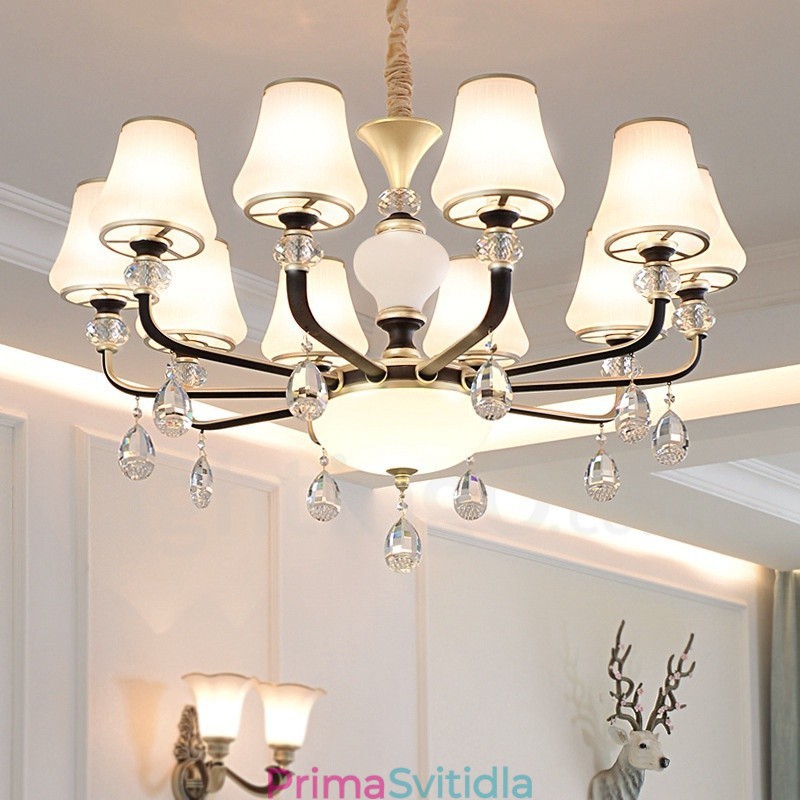 Moderní moderní retro luxusní křišťálový závěsný lustr se skleněným stínidlem