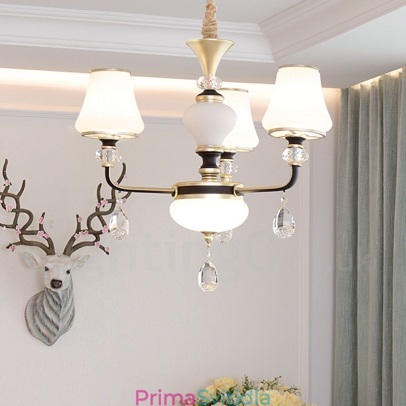Moderní moderní retro luxusní křišťálový závěsný lustr se skleněným stínidlem