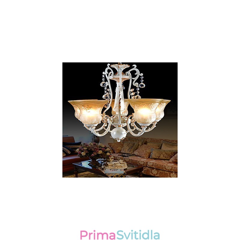 Bílý lustr Five Lights Pattern Glass Shade Hand Gold European Retro Classic