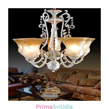 Bílý lustr Five Lights Pattern Glass Shade Hand Gold European Retro Classic Bílý lustr Five Lights Pattern Glass Shade Hand Gold European Retro Classic