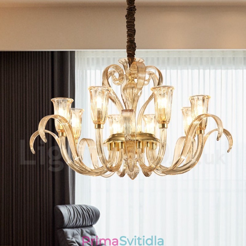 Moderní Contemporary 8 světelný skleněný lustr se skleněným stínidlem