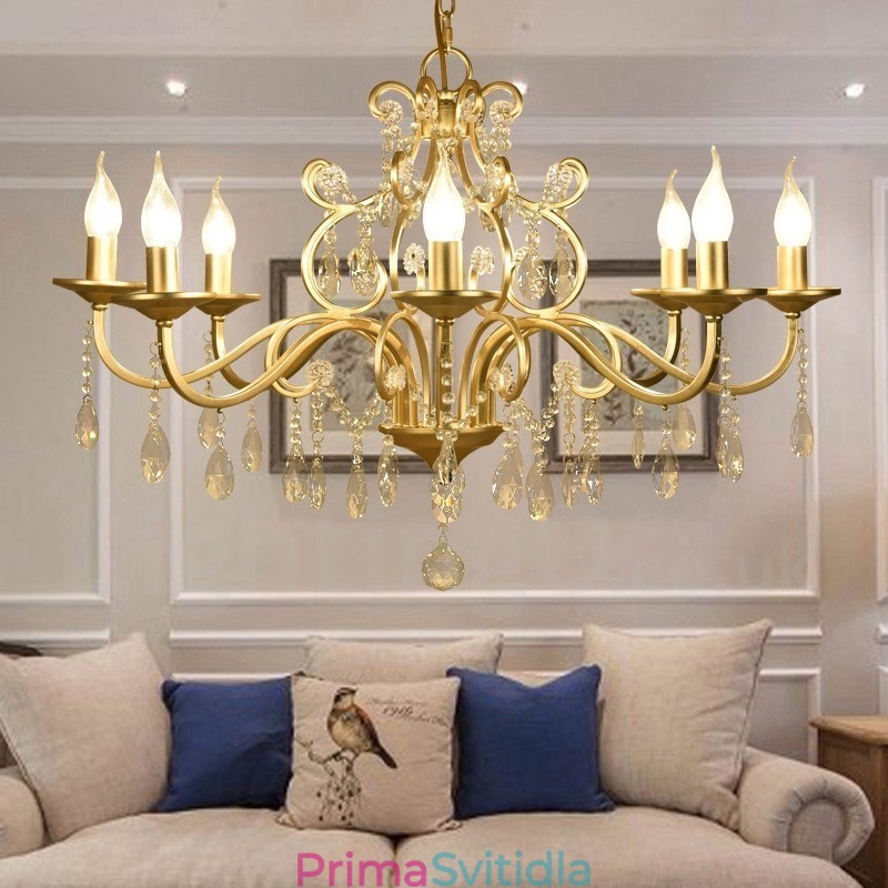 Rustic Lodge 8 Light Crystal Steel Lustr s látkovým stínidlem