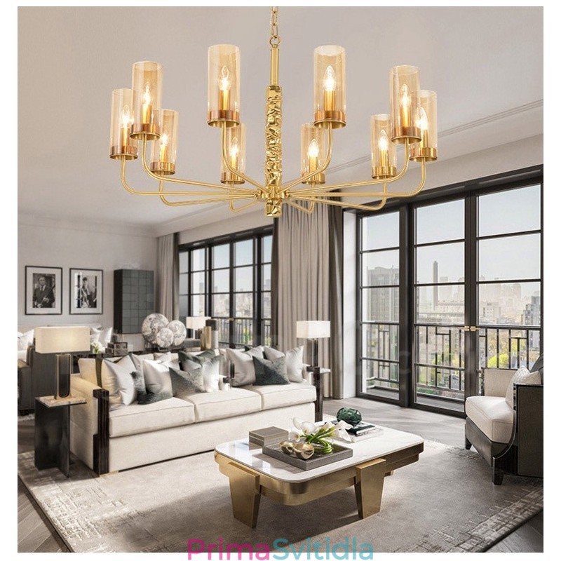 Moderní Contemporary 10 lehkých mosazných lustrů se skleněným stínidlem