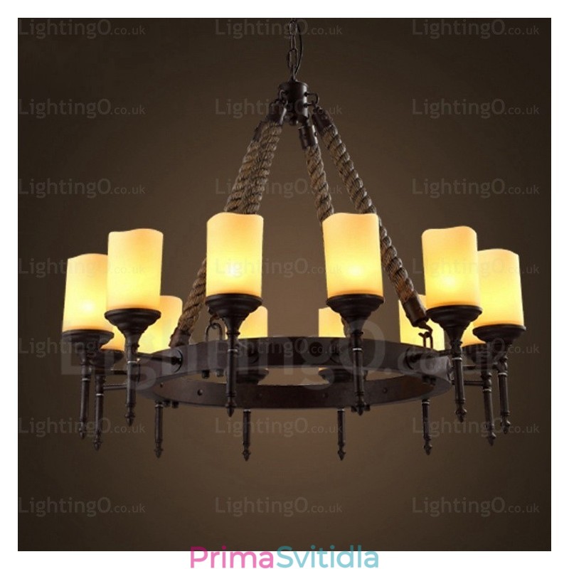 12 Light Country Rustikální Vintage Retro závěsné svítidlo se skleněným stínidlem