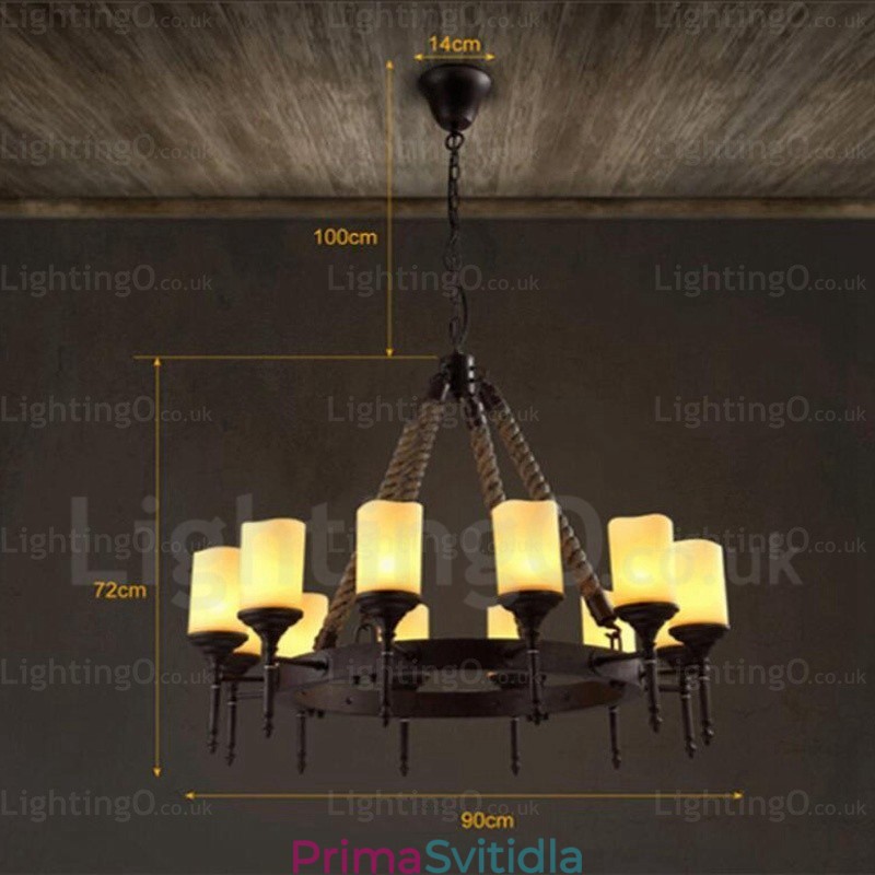 12 Light Country Rustikální Vintage Retro závěsné svítidlo se skleněným stínidlem