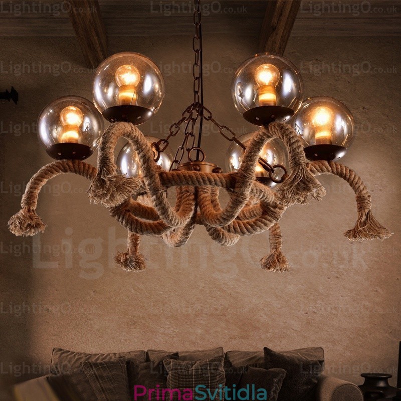 6 Light Vintage retro závěsné svítidlo se skleněným stínidlem