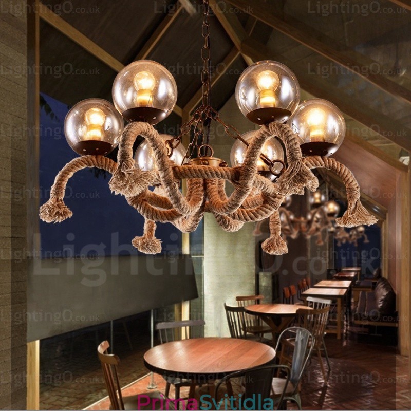 6 Light Vintage retro závěsné svítidlo se skleněným stínidlem