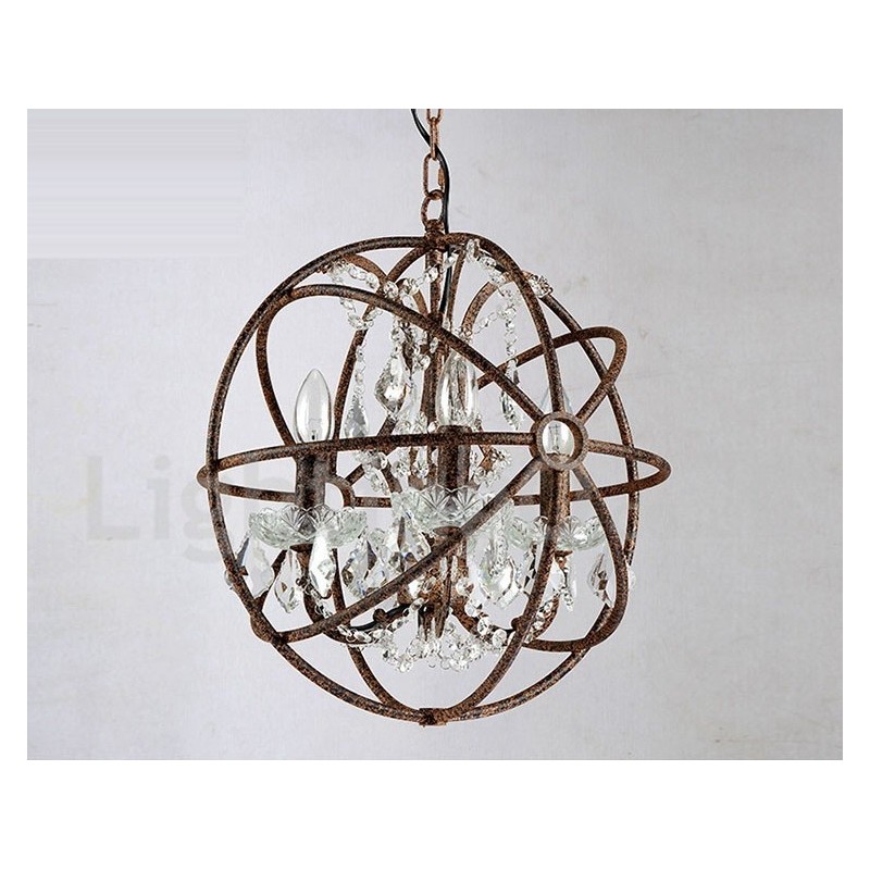 4 Světlý průměr 40CM Vintage Crystal Globe Painting Kovový lustr Rezavé barevné závěsné světlo