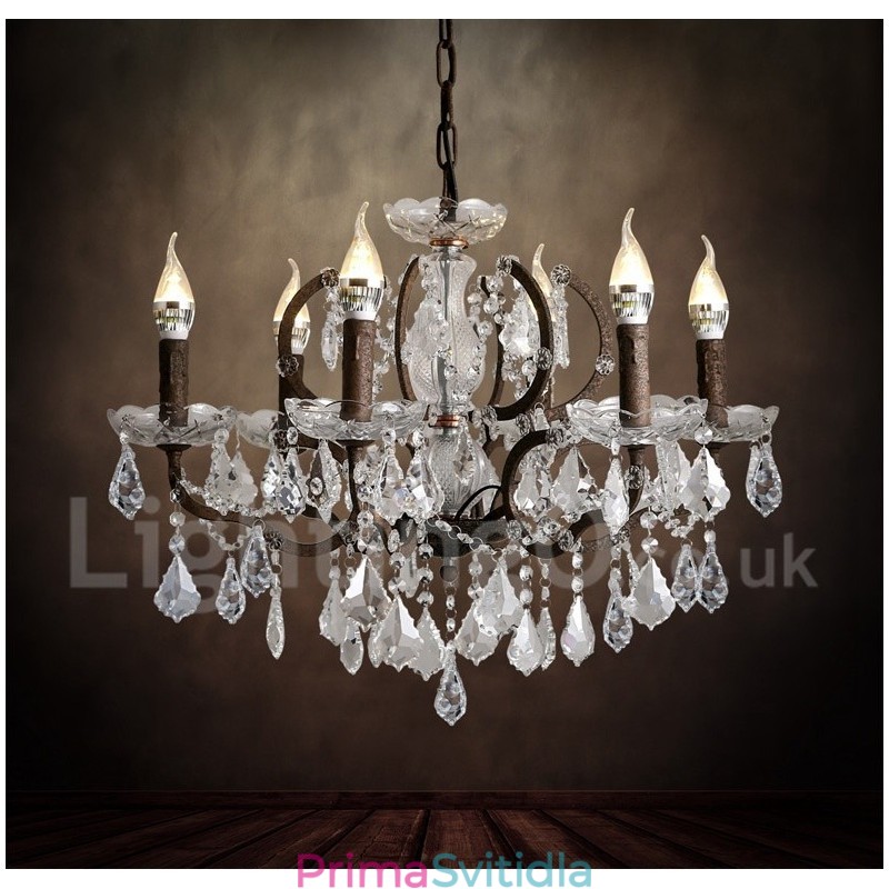 6 Světlý průměr 60CM Vintage Crystal Painting Metal Lustr Rezavé Iron Color Pendant Light