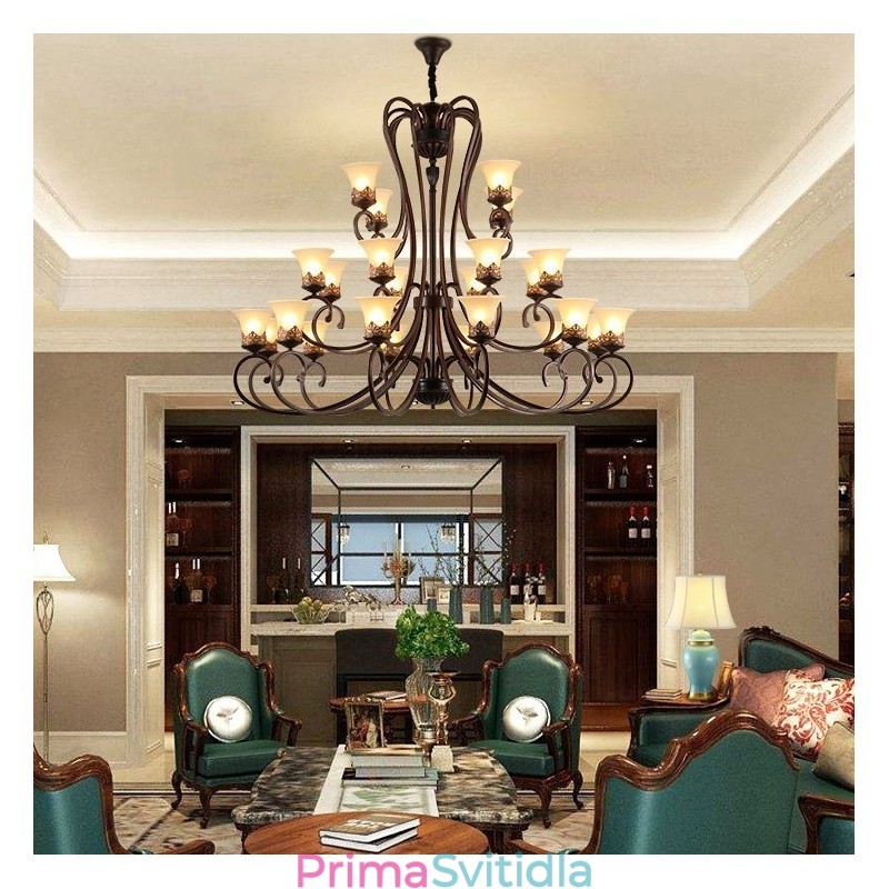 24 světel Vysoký strop Vintage Country Island Malba Kovový lustr se skleněnými stínidly Vysoký strop