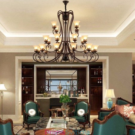 24 světel Vysoký strop Vintage Country Island Malba Kovový lustr se skleněnými stínidly Vysoký strop