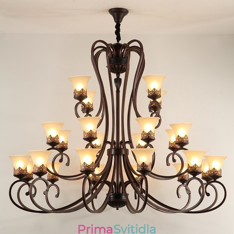 24 světel Vysoký strop Vintage Country Island Malba Kovový lustr se skleněnými stínidly Vysoký strop