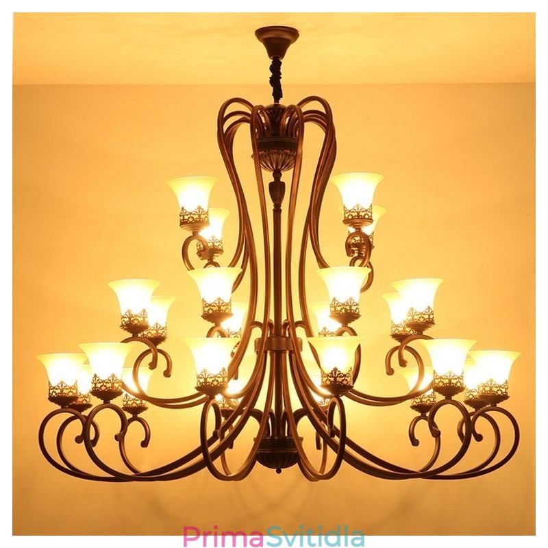 24 světel Vysoký strop Vintage Country Island Malba Kovový lustr se skleněnými stínidly Vysoký strop