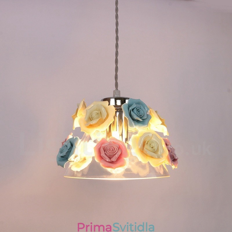 Vícebarevné stropní závěsné svítidlo Flower Macaron se skleněným stínidlem
