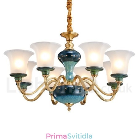 Retro Vintage mosazný keramický závěsný svíčkový lustr se skleněnými stínidly Retro Vintage mosazný keramický závěsný svíčkový lustr se skleněnými stínidly