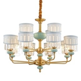 Pure Brass luxusní rustikální retro vintage mosazný keramický závěsný svíčkový lustr s látkovými a křišťálovými stínidly