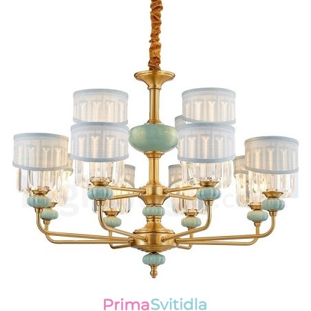 Pure Brass luxusní rustikální retro vintage mosazný keramický závěsný svíčkový lustr s látkovými a křišťálovými stínidly Pure Brass luxusní rustikální retro vintage mosazný keramický závěsný svíčkový lustr s látkovými a křišťálovými stínidly