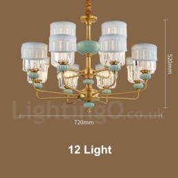 Pure Brass luxusní rustikální retro vintage mosazný keramický závěsný svíčkový lustr s látkovými a křišťálovými stínidly