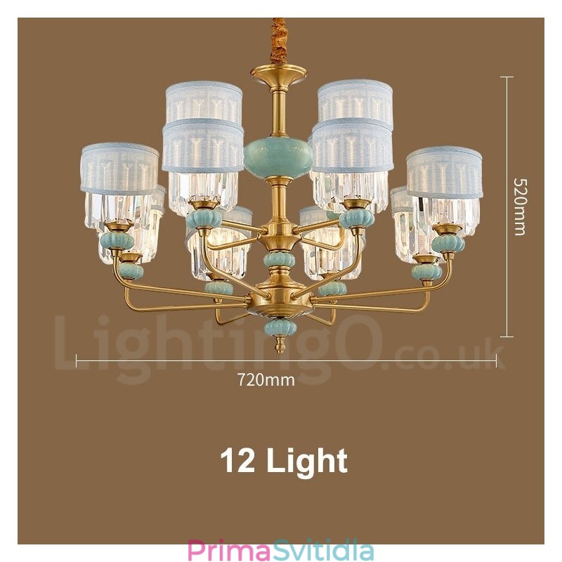 Pure Brass luxusní rustikální retro vintage mosazný keramický závěsný svíčkový lustr s látkovými a křišťálovými stínidly