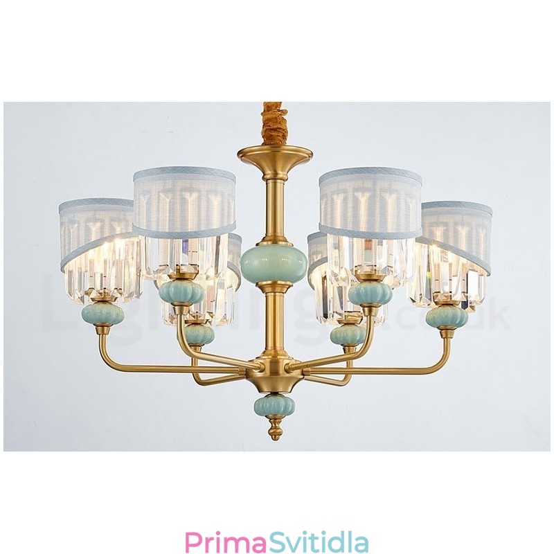 Pure Brass luxusní rustikální retro vintage mosazný keramický závěsný svíčkový lustr s látkovými a křišťálovými stínidly