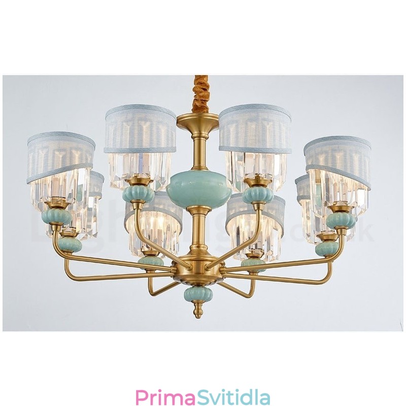 Pure Brass luxusní rustikální retro vintage mosazný keramický závěsný svíčkový lustr s látkovými a křišťálovými stínidly