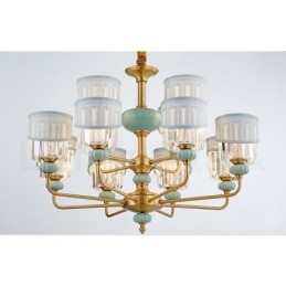 Pure Brass luxusní rustikální retro vintage mosazný keramický závěsný svíčkový lustr s látkovými a křišťálovými stínidly